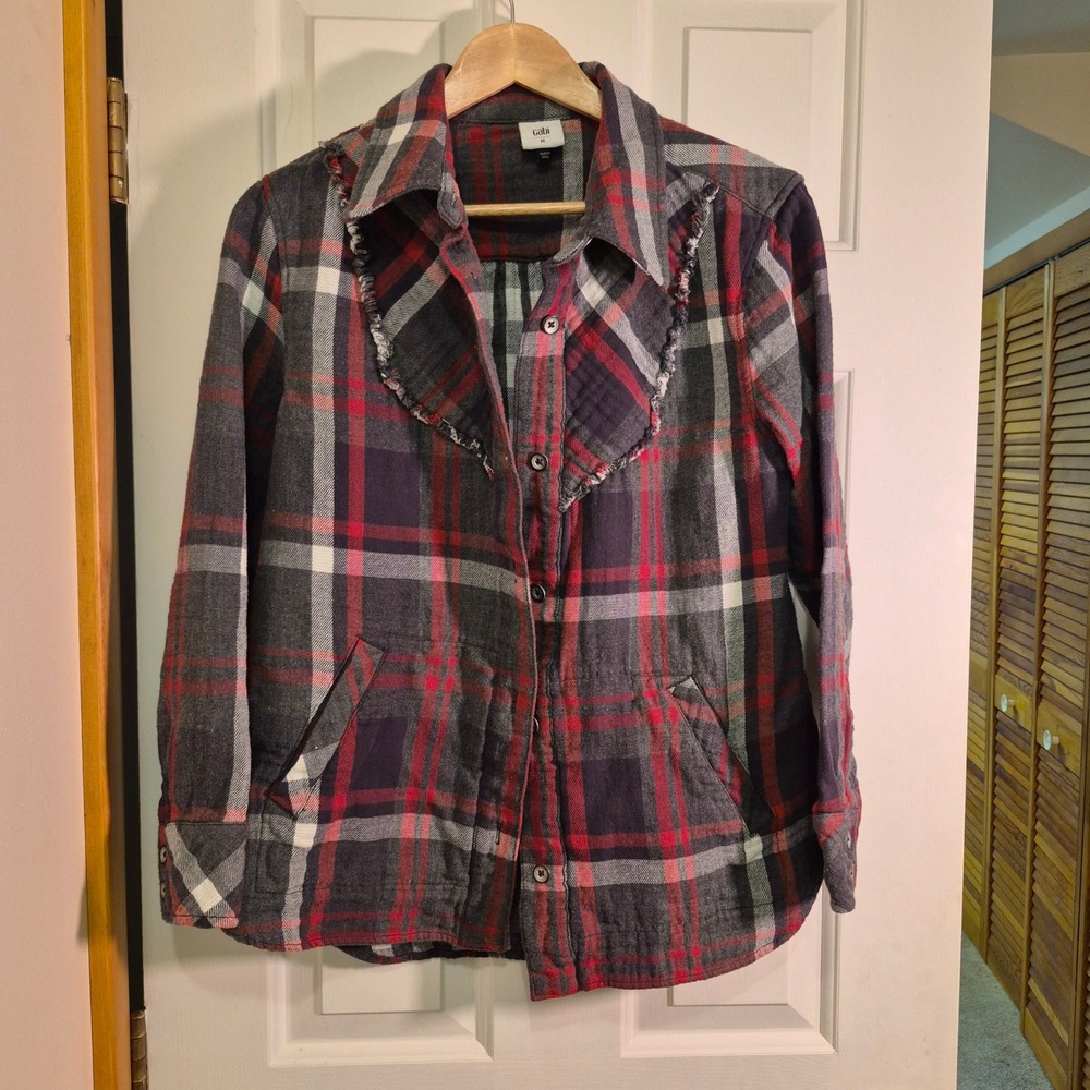 Cabi Gabi Plaid Ruffle Trim Button Down Shirt Jacket Red Gray Womens Medium 4164